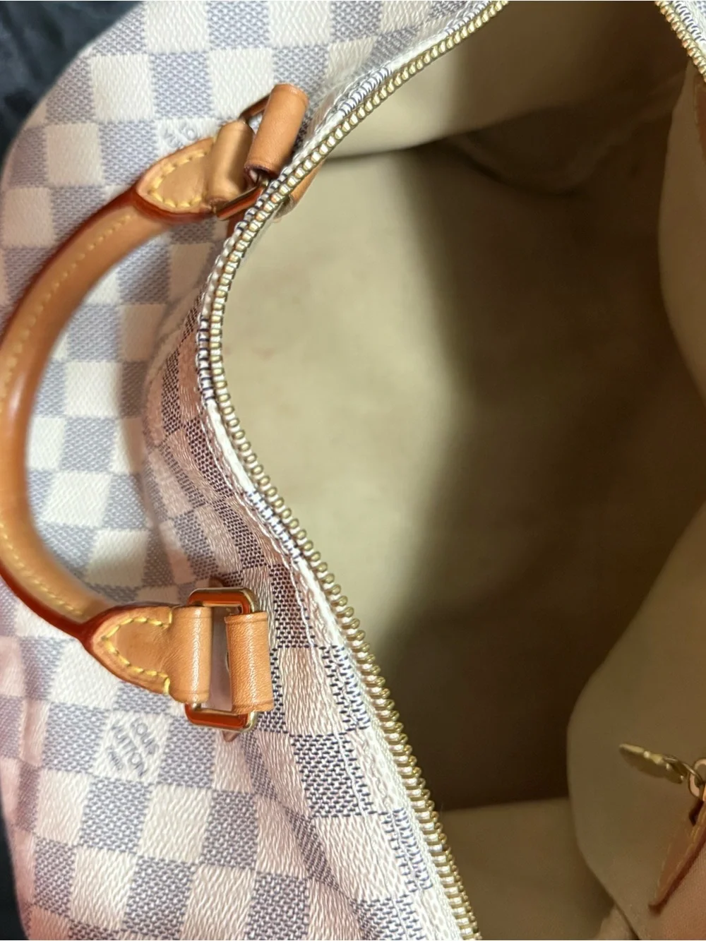 Louis Vuitton Damier Azur Mini Speedy Satchel in Cream and Tan Leather